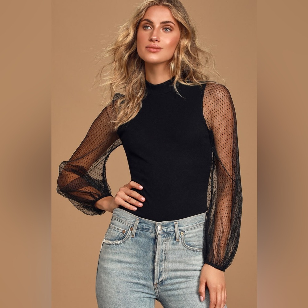 Lulu’s Try To Keep Up Black Mesh Balloon Sleeve Mock Neck Top SZ LG